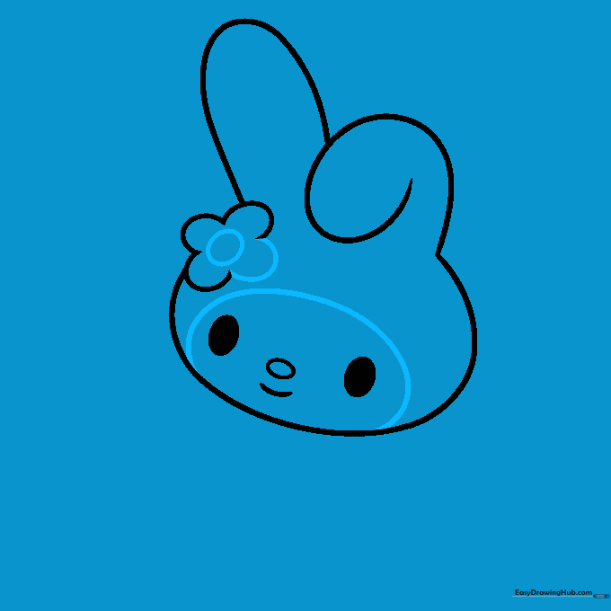 Finalizing the flower detail and closing the oval shape of My Melody's face.