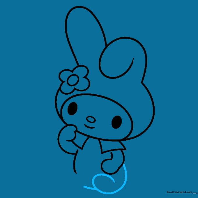 Sketching the bottom of My Melody's body and her small, rounded feet.