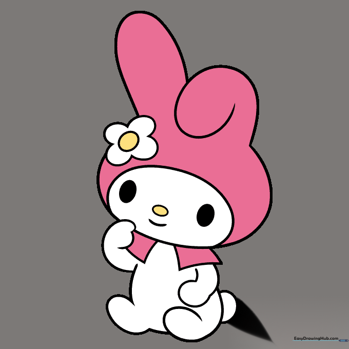 A fully colored drawing of My Melody with a pink hood and white fur.