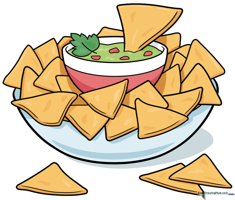 A colorful, finished cartoon drawing of a plate of nachos with a bowl of dip.