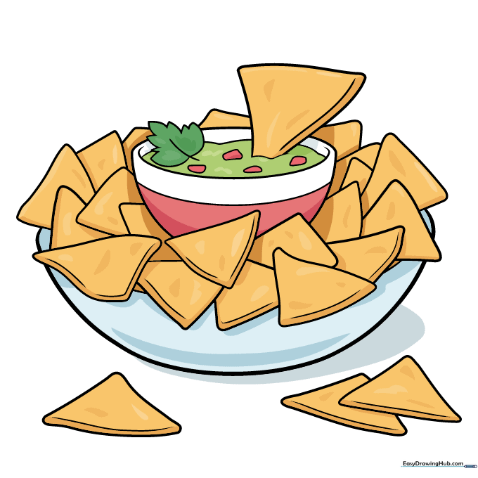 A fully colored, vibrant cartoon illustration of a plate of nachos.