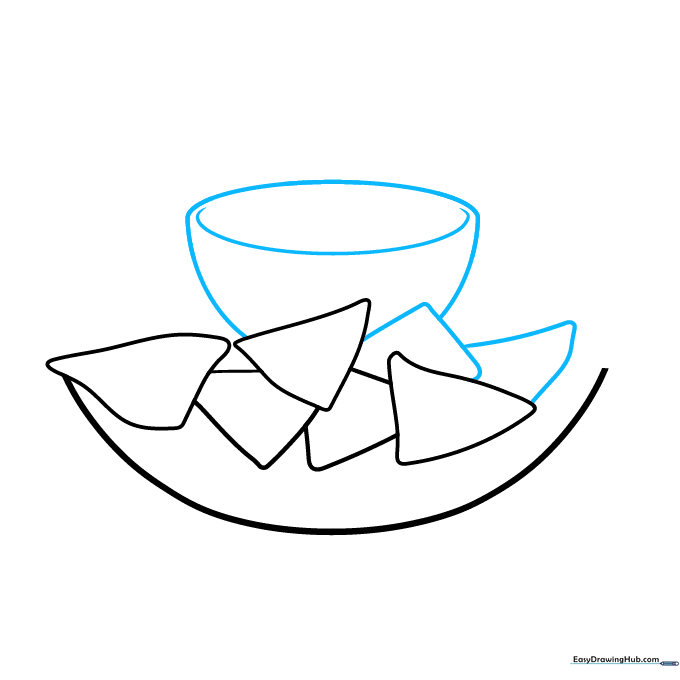Drawing a semicircular bowl nestled among the tortilla chips.