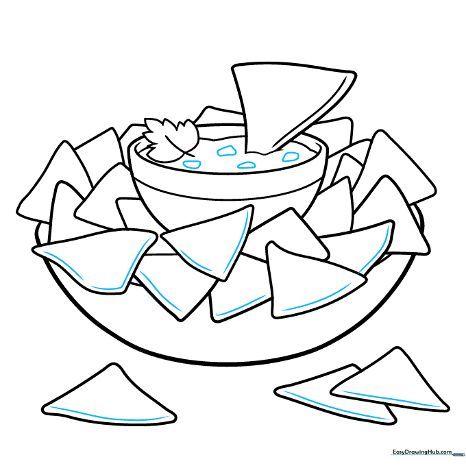 Adding final texture lines to chips and small ingredient shapes in the dip.