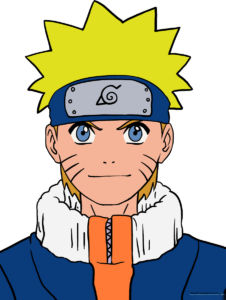 A vibrant, finished illustration of Naruto Uzumaki, ready for coloring.
