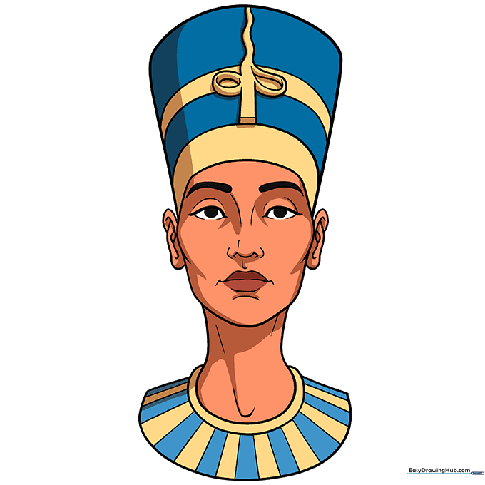 Finished and colored drawing of Queen Nefertiti with blue and gold accents.