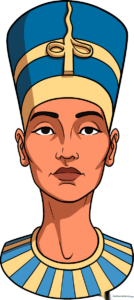 A complete, colored portrait of Queen Nefertiti, showcasing her iconic headdress and royal jewelry.