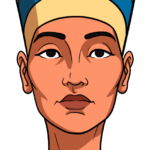A complete, colored portrait of Queen Nefertiti, showcasing her iconic headdress and royal jewelry.