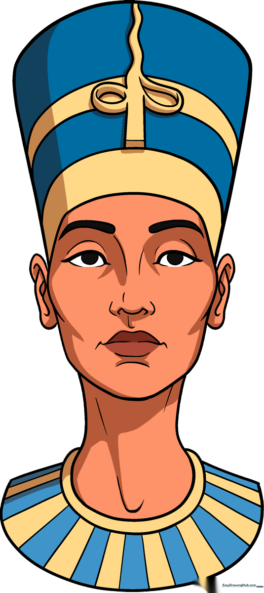 A complete, colored portrait of Queen Nefertiti, showcasing her iconic headdress and royal jewelry.