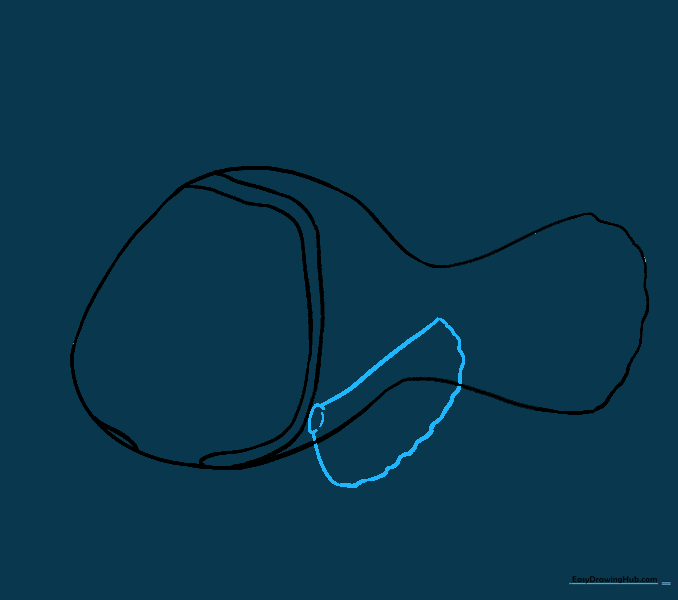 A small oval and curved lines forming the pectoral fin on the side of the fish.