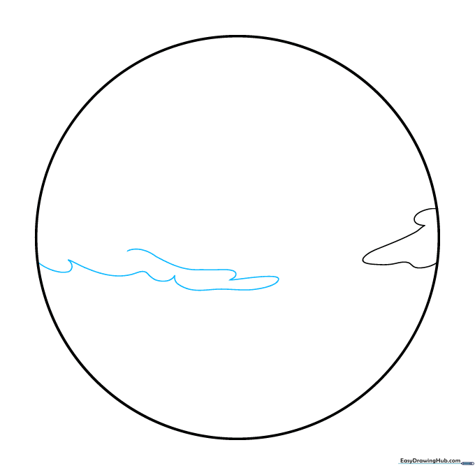 Adding curved, wispy cloud lines across the center of the Neptune circle sketch.