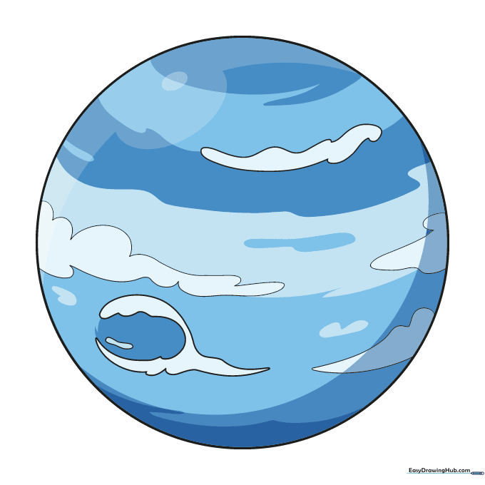 A finished, colored drawing of Neptune in shades of blue with white cloud highlights.
