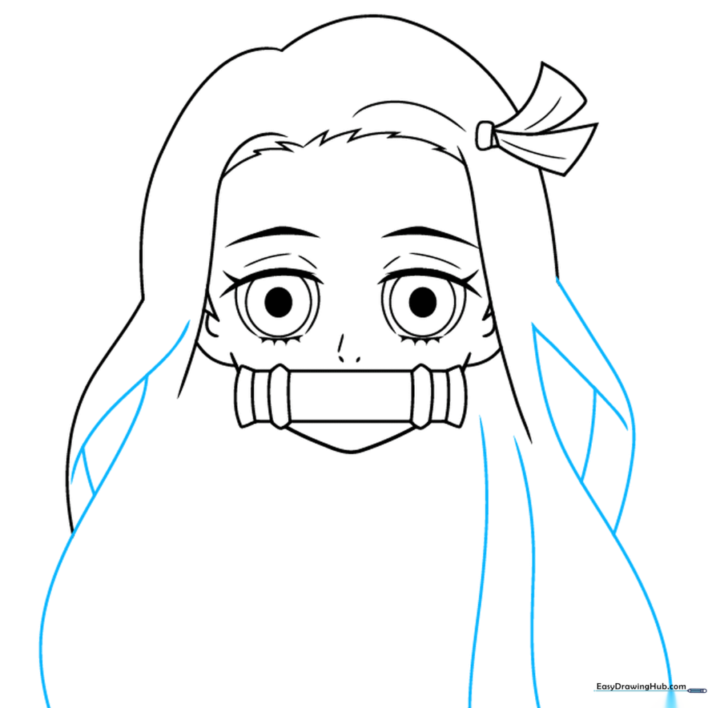 Sketch of Nezuko's long hair locks flowing down.