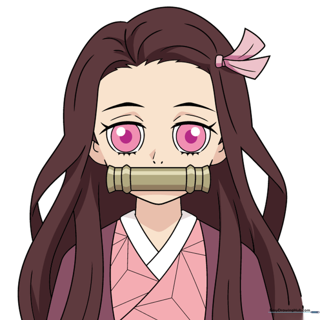 Fully colored drawing of Nezuko Kamado with black hair, orange tips, and pink kimono.