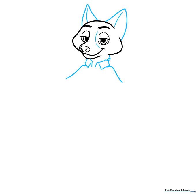 Drawing of Nick Wilde's head with tall triangular ears and the beginning of his shirt collar.