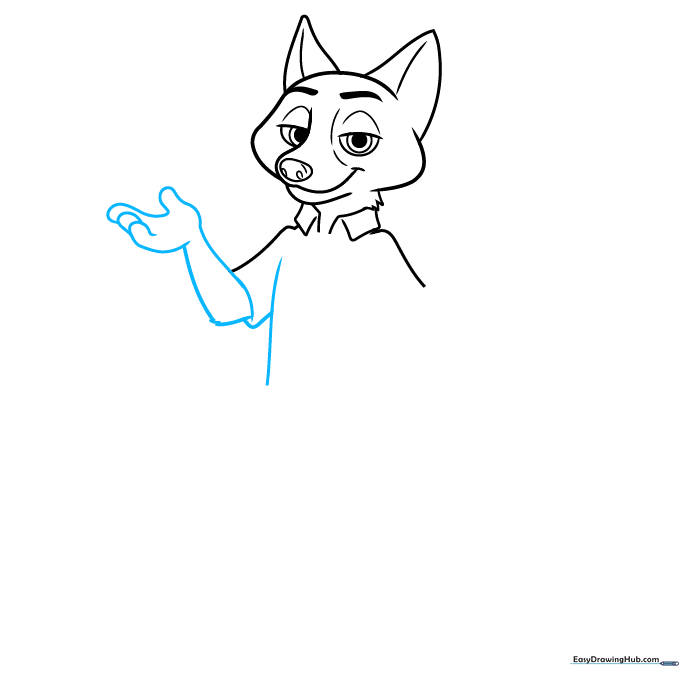 Sketch showing Nick Wilde's upper body, including his arm and hand gesture.
