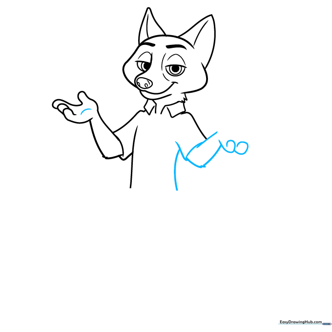 Pencil outline of Nick Wilde's torso and both arms in a relaxed pose.
