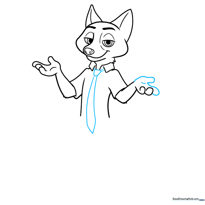 Detailed sketch of Nick Wilde's hands and his necktie added to the shirt.