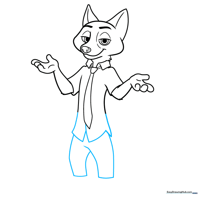 Sketch showing the addition of Nick Wilde's pants and shirt hem.