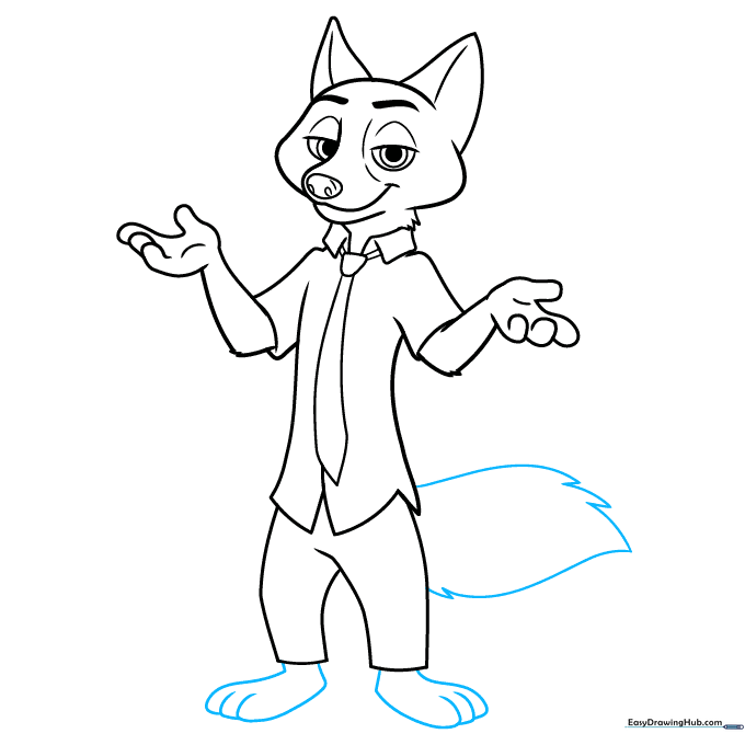 Full body sketch of Nick Wilde including his large bushy tail and feet.