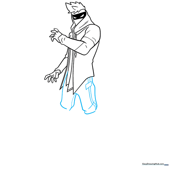 Drawing the outline of the pants with tactical gear details.