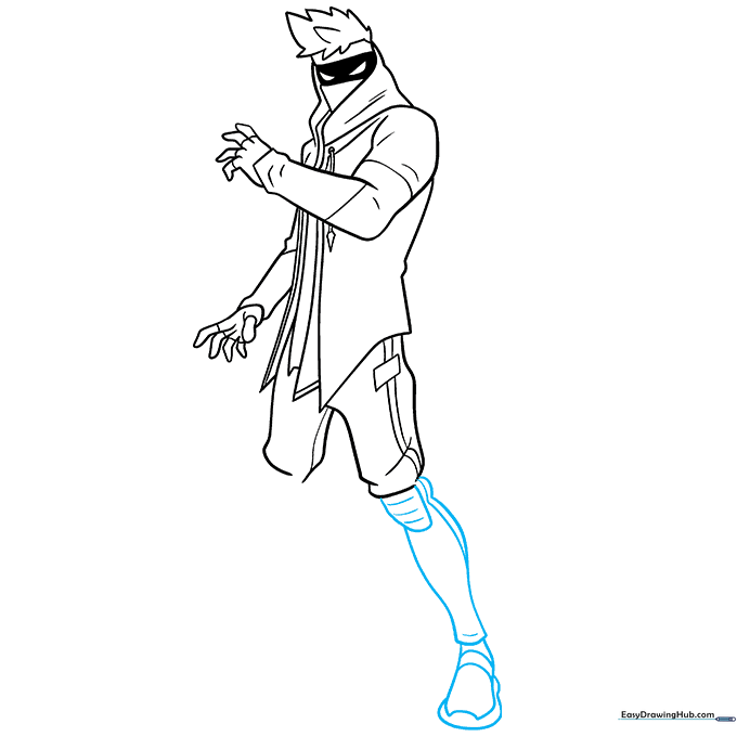 Sketching the right leg, shoe, and kneepad detail.