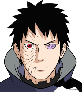 A high-quality, finished illustration of Obito Uchiha, showcasing the final result of the drawing tutorial.