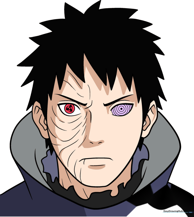 A high-quality, finished illustration of Obito Uchiha, showcasing the final result of the drawing tutorial.
