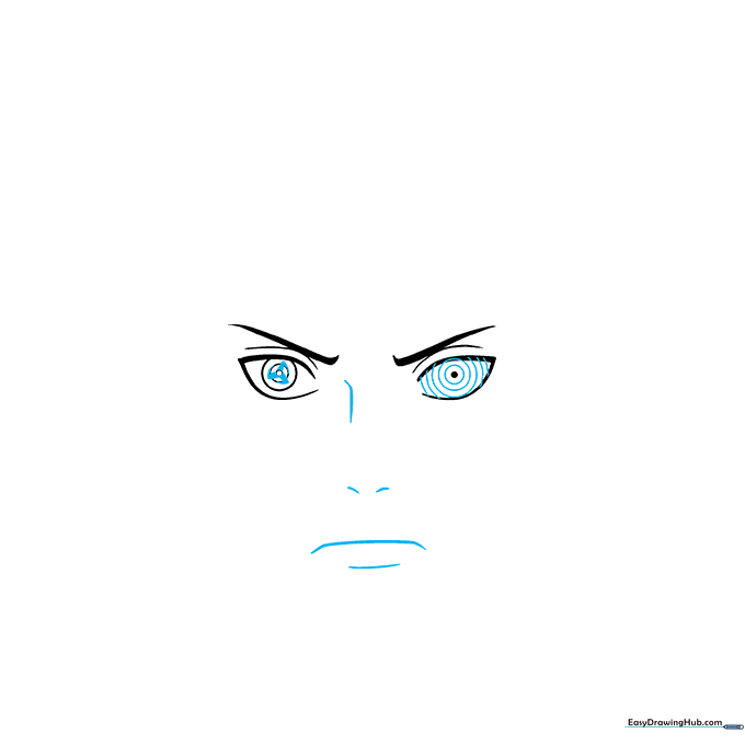 Detailed sketch showing Obito Uchiha's nose, mouth, and eye patterns.