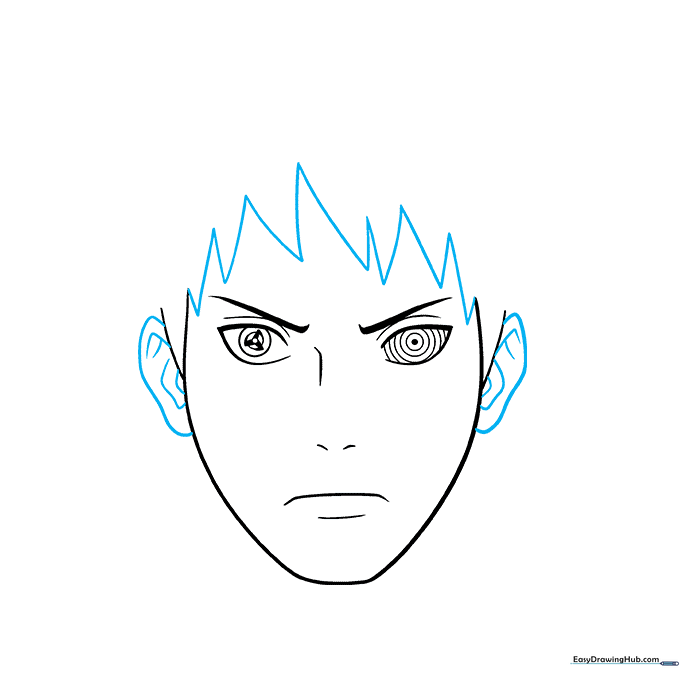 Obito Uchiha drawing showing the face outline and initial hair strands.