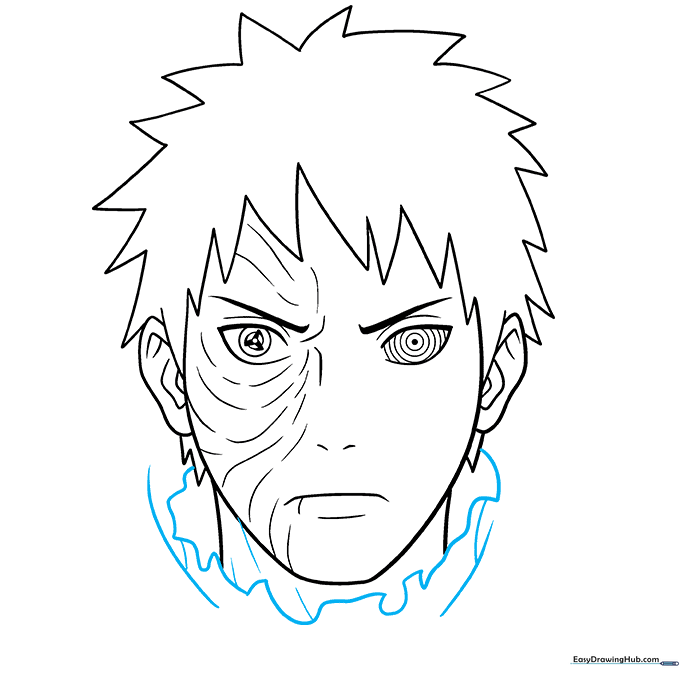 Obito Uchiha drawing showing completed hair and neck structure.