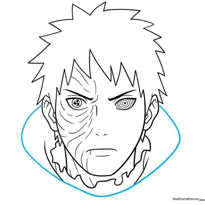 Obito Uchiha drawing with garment collar and neck scar details.