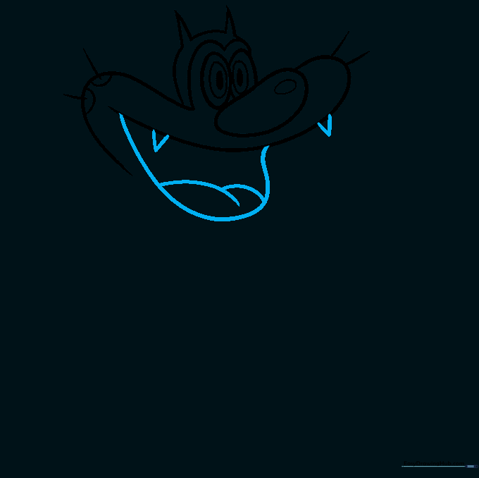 Sketch showing Oggy's open mouth with teeth and tongue visible.