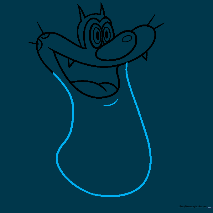 Sketch showing the outline of Oggy's rounded body shape.