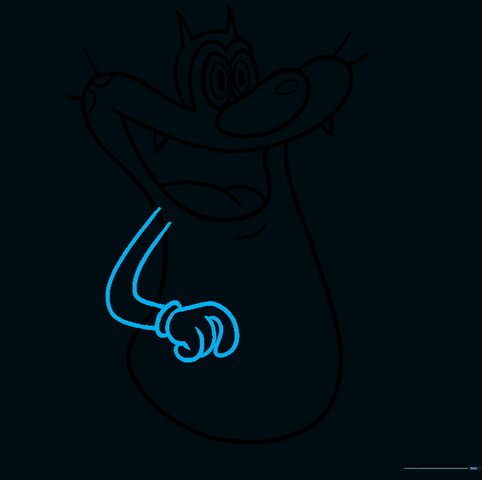 Sketch of Oggy's arm and hand with detailed finger placement.