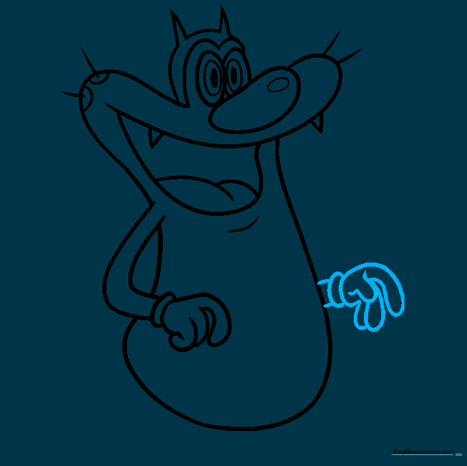 Sketch showing the second arm and hand added to Oggy's body.