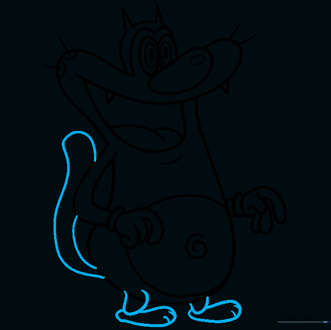 Final sketch showing Oggy's legs, feet, and tail added to the body.