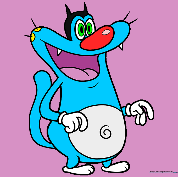 Finished, colored drawing of Oggy with blue fur and vibrant features.