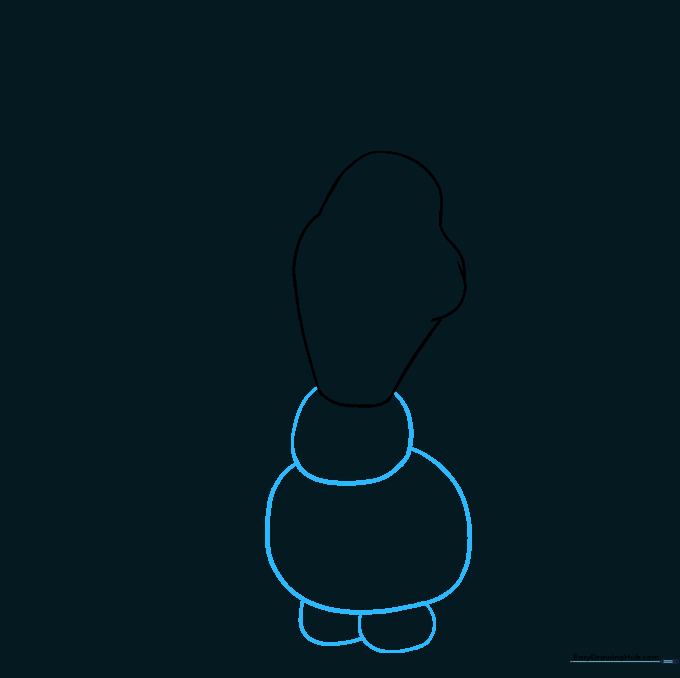 Two large rounded body segments and two small foot shapes added to the drawing.
