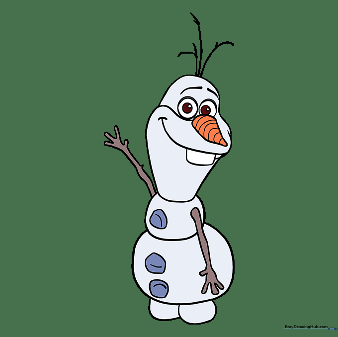 The finished, colored drawing of Olaf with his iconic orange nose and brown twig arms.