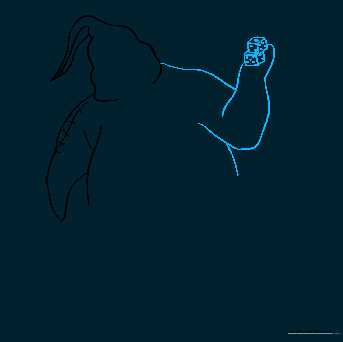 Drawing of the second arm holding two small dice with dots.