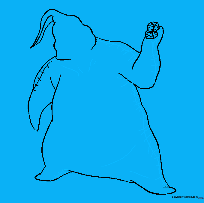 Detailed drawing showing stitches and shading lines across the character's body.