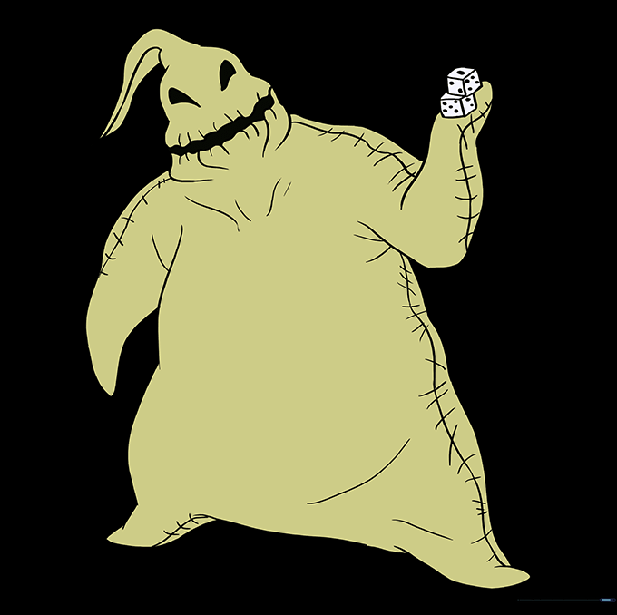 Final colored drawing of Oogie Boogie in light brown with visible stitching details.