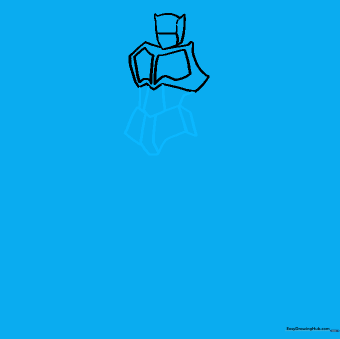 Sketching the torso section with V-shaped details and geometric lines.