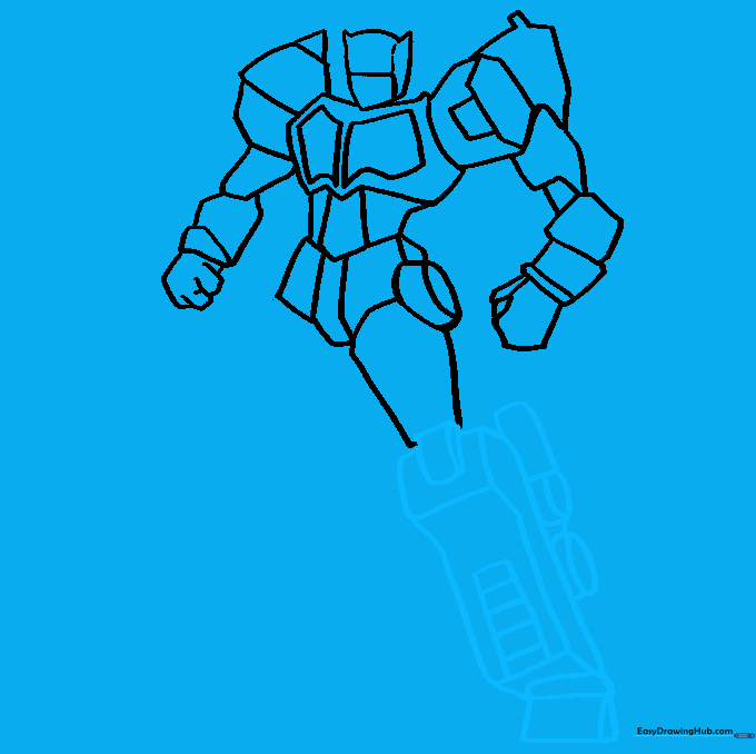 Adding complex leg and knee details to the robot drawing.