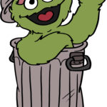 A colorful, finished illustration of Oscar the Grouch popping out of his trash can.