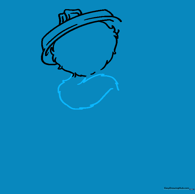 Drawing the first arm of the character using short, curved lines.
