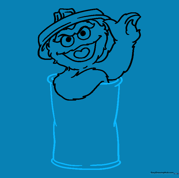 Sketching the body of the trash can with dented, overlapping lines.