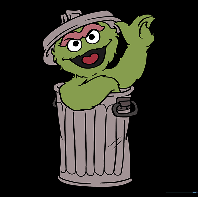 Finished, colored drawing of Oscar the Grouch in his trash can.