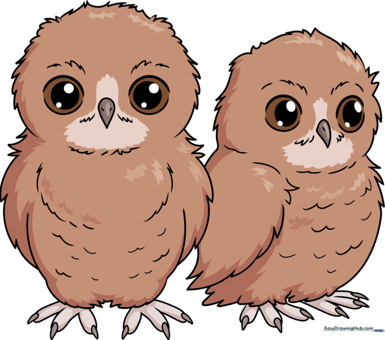 Two adorable cartoon owl babies sitting together, colored in soft natural tones.