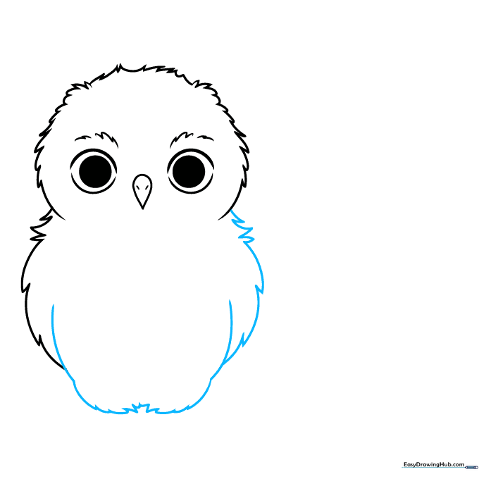 Outlining the round body and leg placement of the first owl.